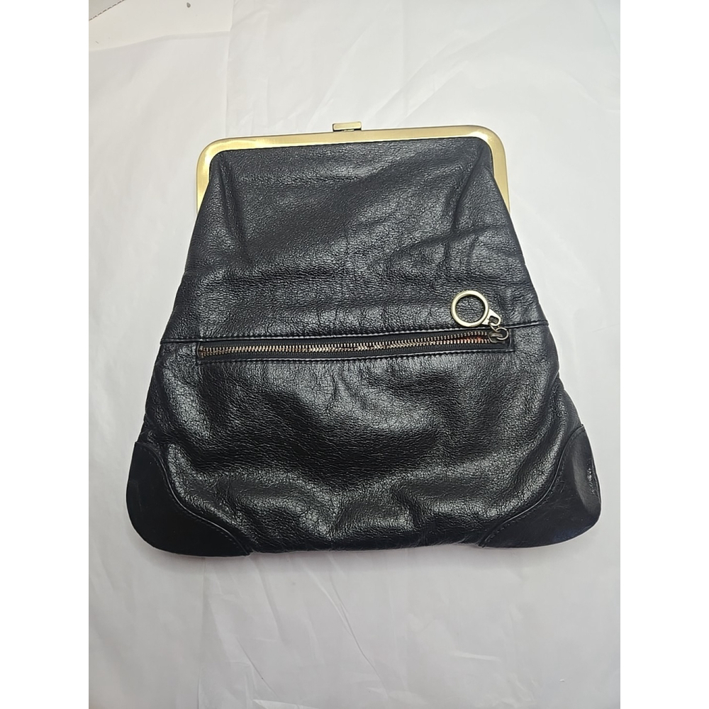 Kate Landry Leather Fold Over Clutch Black Cowhide Evening Bag Gold Hardware - Picture 4 of 9